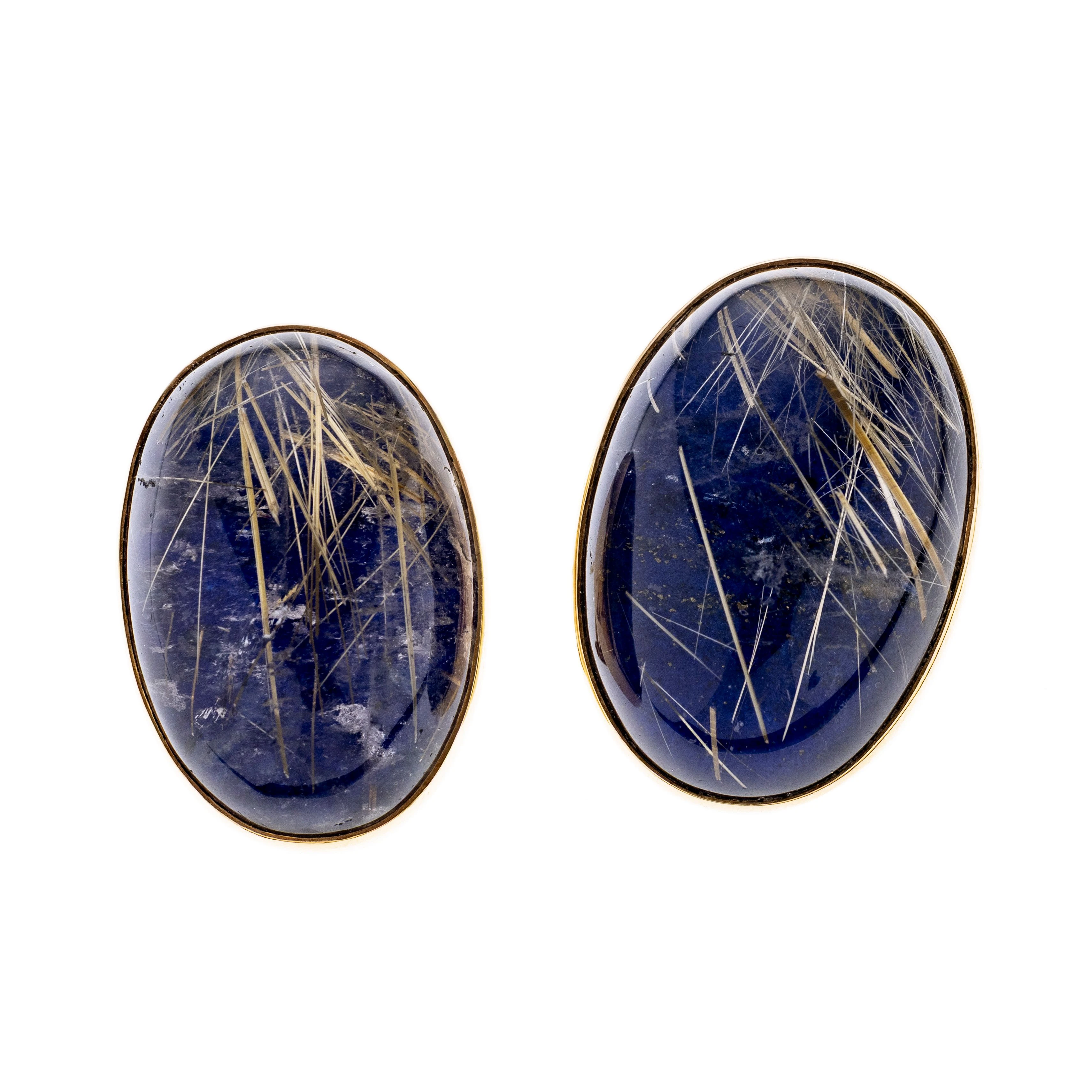 Ovale, mächtige Ohrsteckerclips mit Lapis und Rutilquarz