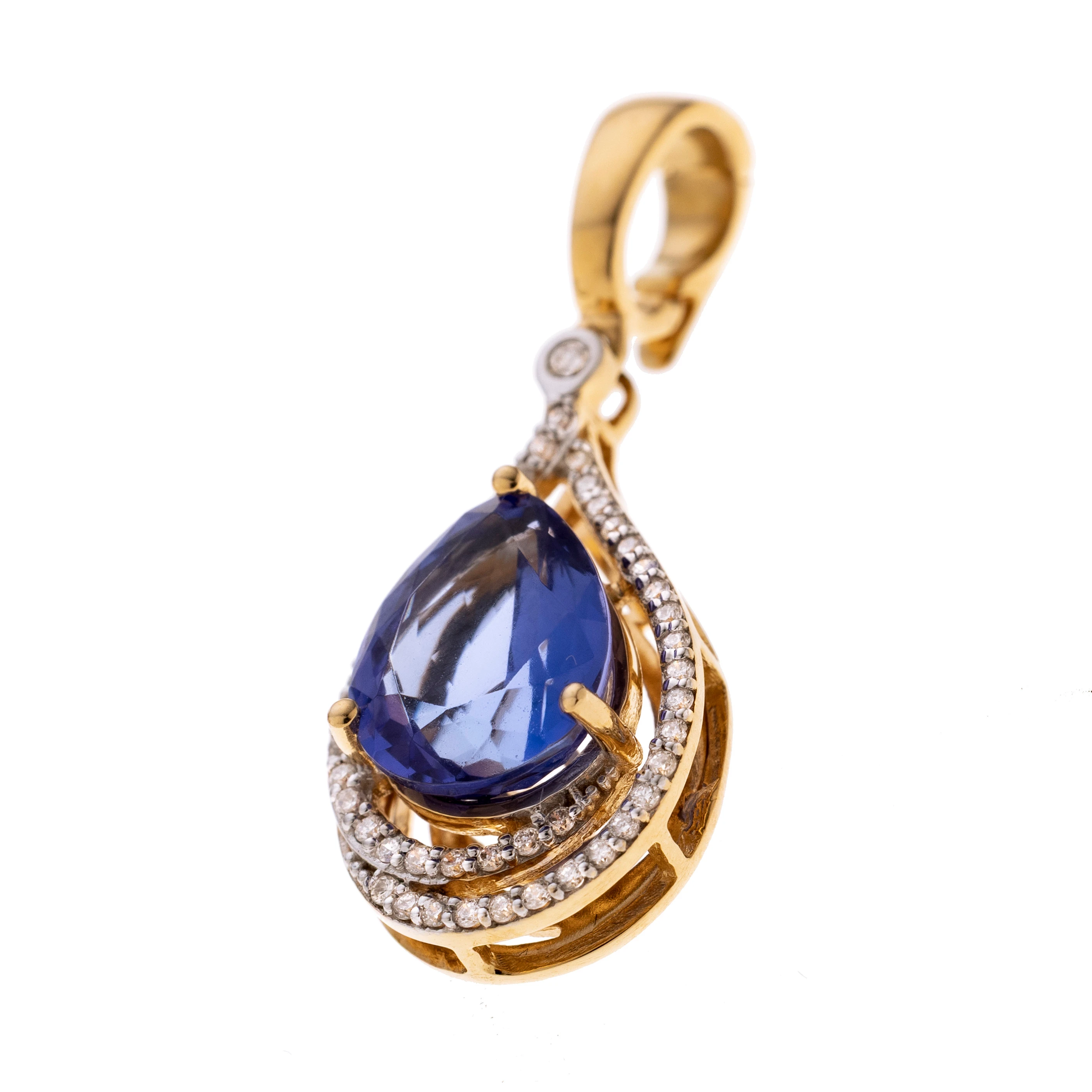 Ein Tansanit-Tropfen der von 44 Brillanten je ca. 0.003 ct und einem Brillant in Zargenfassung, je ca. 0.01 ct gerahmt wird. Länge mit Öse 3 cm, Breite 1,1 cm.