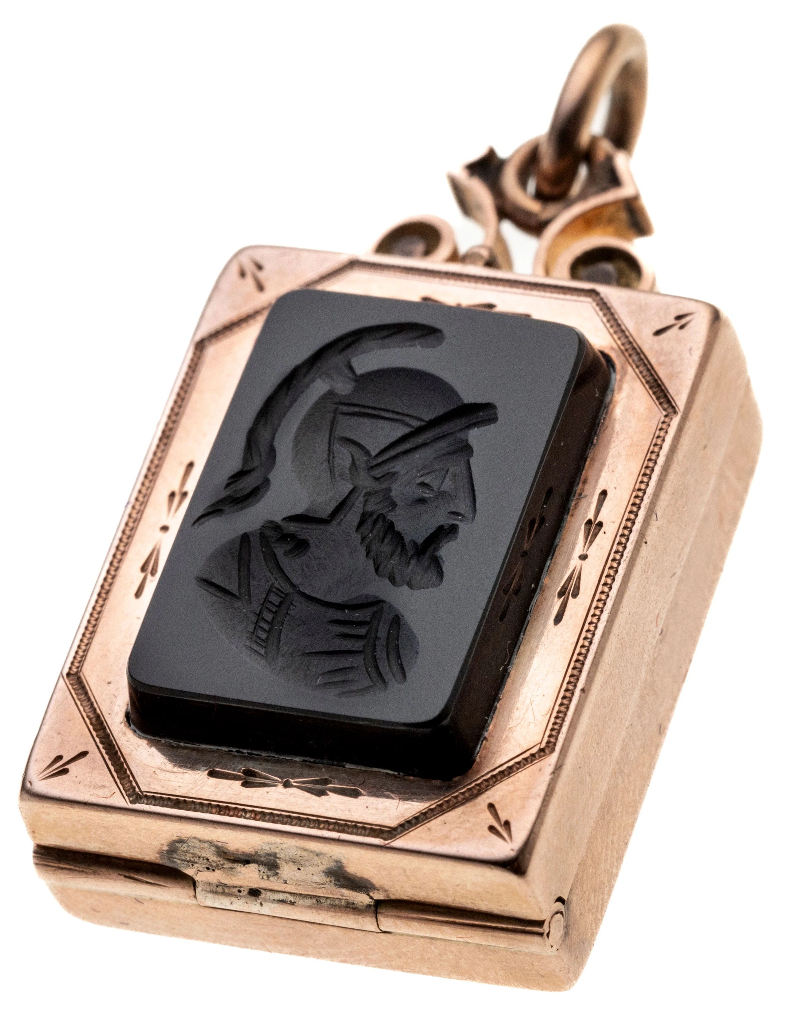 Rechteckig auf der einen Seite mit einem Onyx-Intalgio und auf der anderen Seite mit einem Heliotrop.