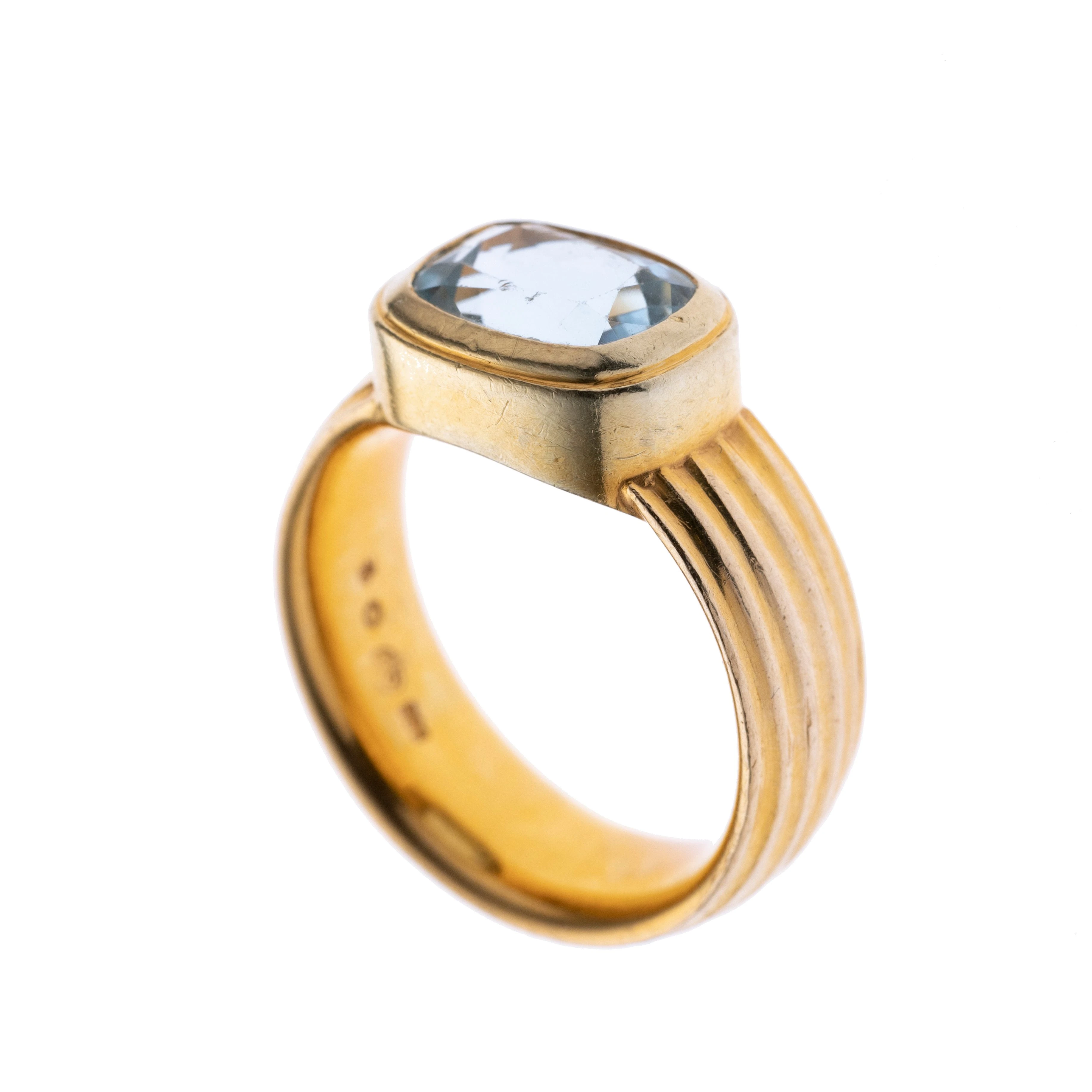 Ein ovaler Aquamarin in Zargenfassung mit gerillter Ringschiene. Signiert.