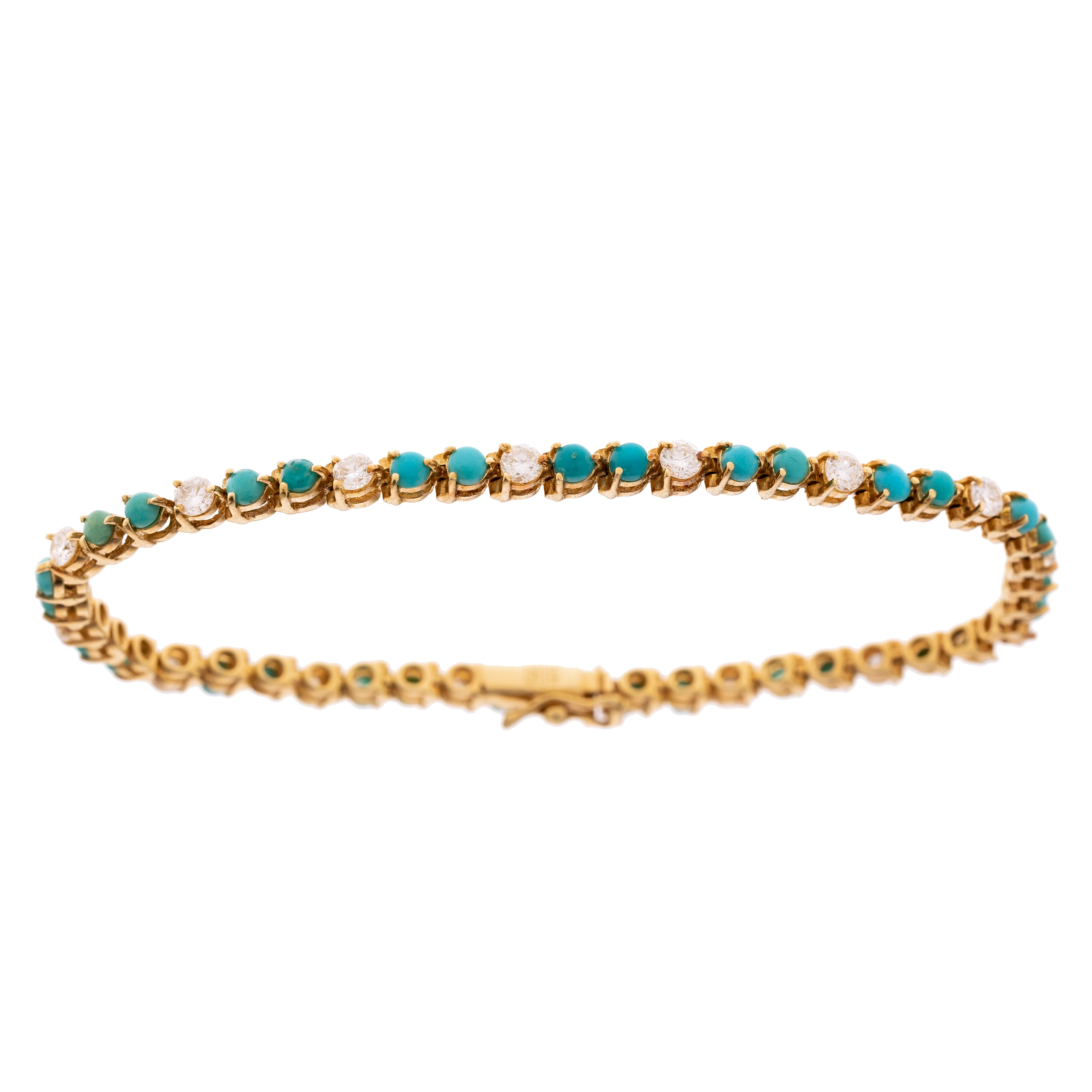 Ein Tennisarmband besetzt mit 14 Diamanten und 32 Amazoniten. Kastenverschluss mit Achter.