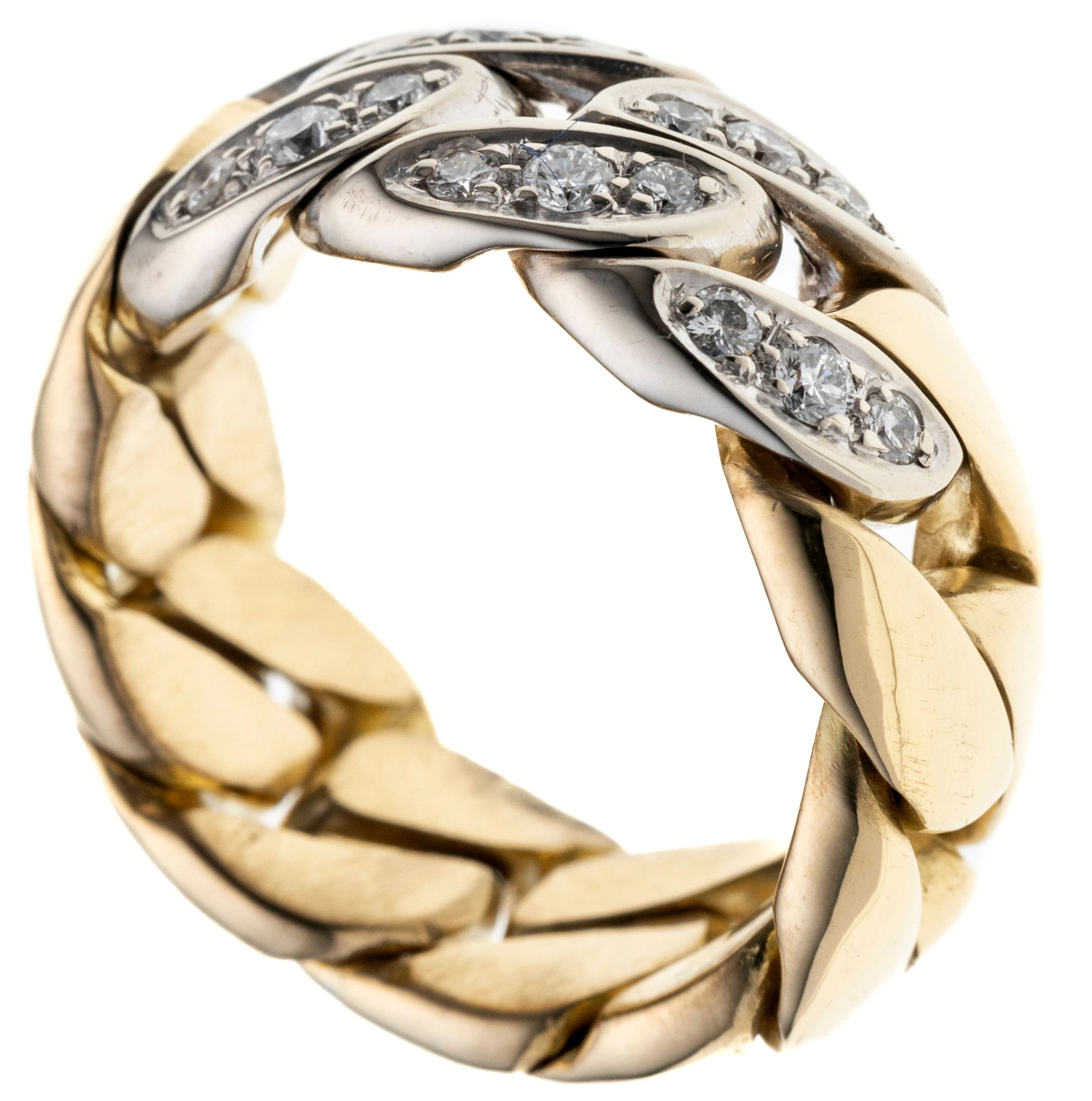 Ein Kettenring mit diamantenbesetzten Weißgoldgliedern.